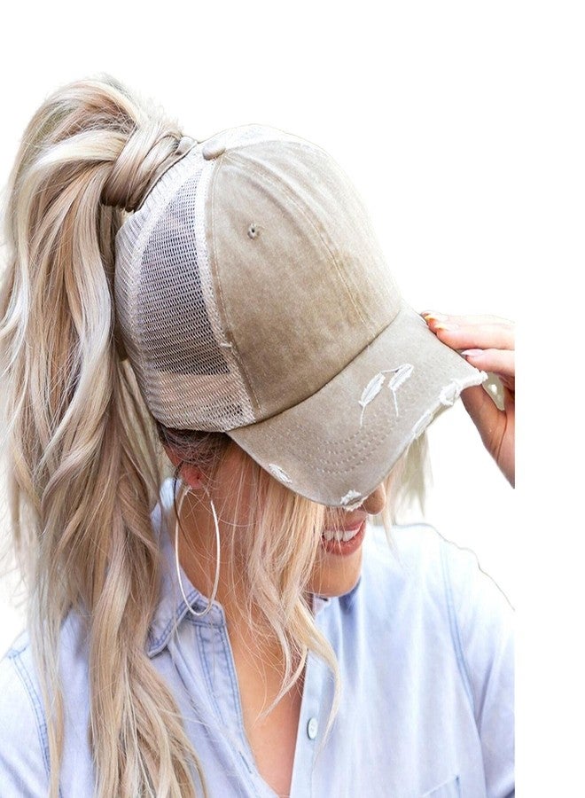 ProMindFun Womens Ponytail High Messy Bun Hats Distressed Baseball Caps Unconstructed Washed Dad Hat Girls Trucker Ponycaps (03-Light Khaki) - Image 1